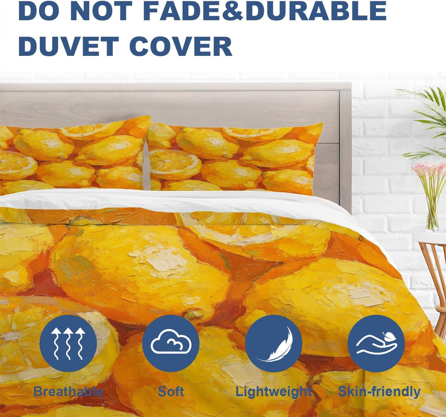 Lemons Citrus Fruit Twin Size 100% Cotton Duvet Cover Sets, Vibrant Lemon Oil Painting Bedding Set with Zipper Closure Corner Ties, 3 Pieces (1 Cover + 2 Pillowcases No Comforter)