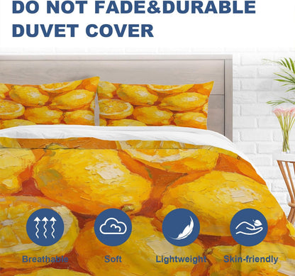 Lemons Citrus Fruit Twin Size 100% Cotton Duvet Cover Sets, Vibrant Lemon Oil Painting Bedding Set with Zipper Closure Corner Ties, 3 Pieces (1 Cover + 2 Pillowcases No Comforter)