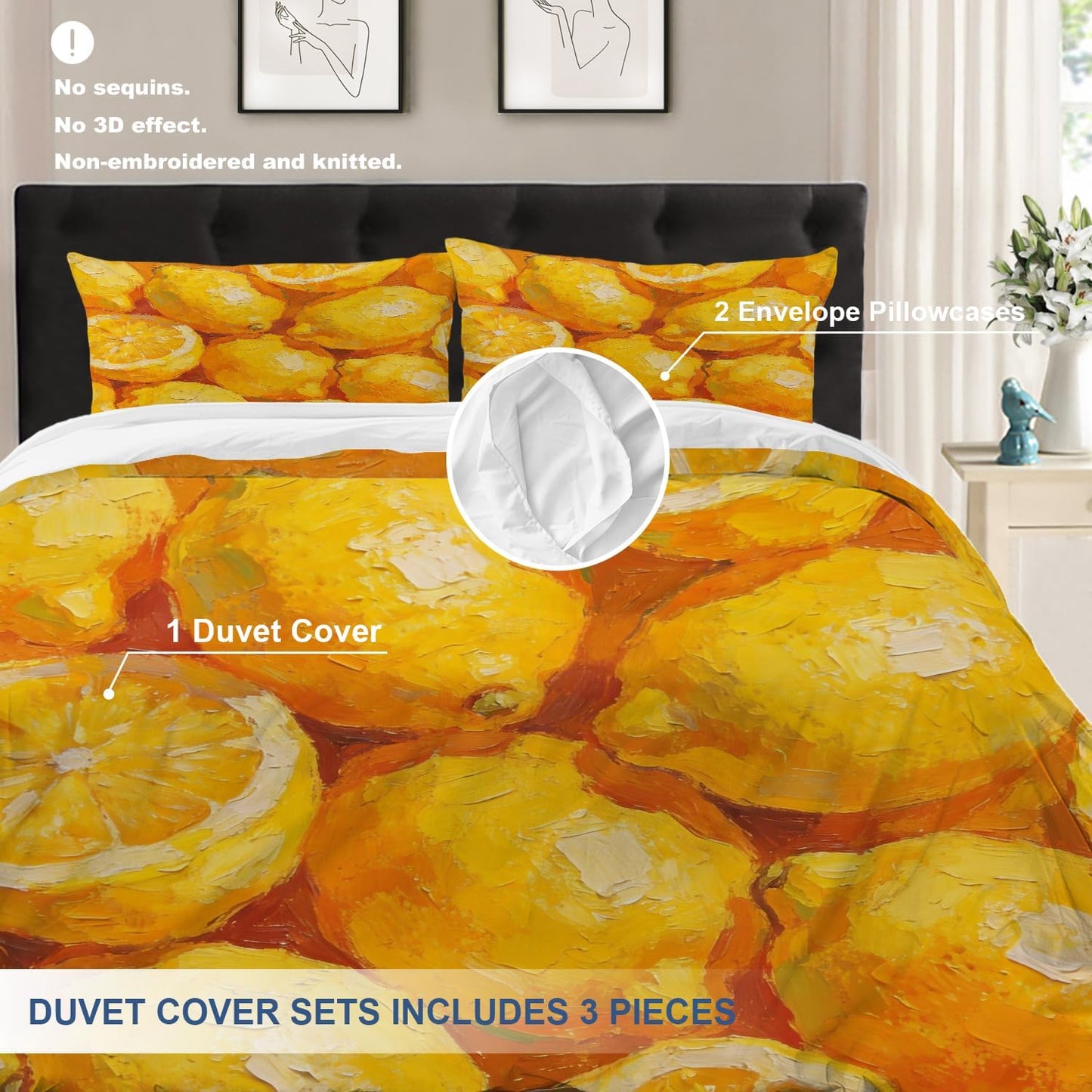 Lemons Citrus Fruit Twin Size 100% Cotton Duvet Cover Sets, Vibrant Lemon Oil Painting Bedding Set with Zipper Closure Corner Ties, 3 Pieces (1 Cover + 2 Pillowcases No Comforter)