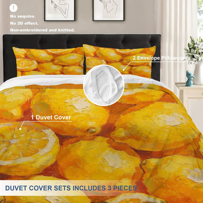 Lemons Citrus Fruit Twin Size 100% Cotton Duvet Cover Sets, Vibrant Lemon Oil Painting Bedding Set with Zipper Closure Corner Ties, 3 Pieces (1 Cover + 2 Pillowcases No Comforter)