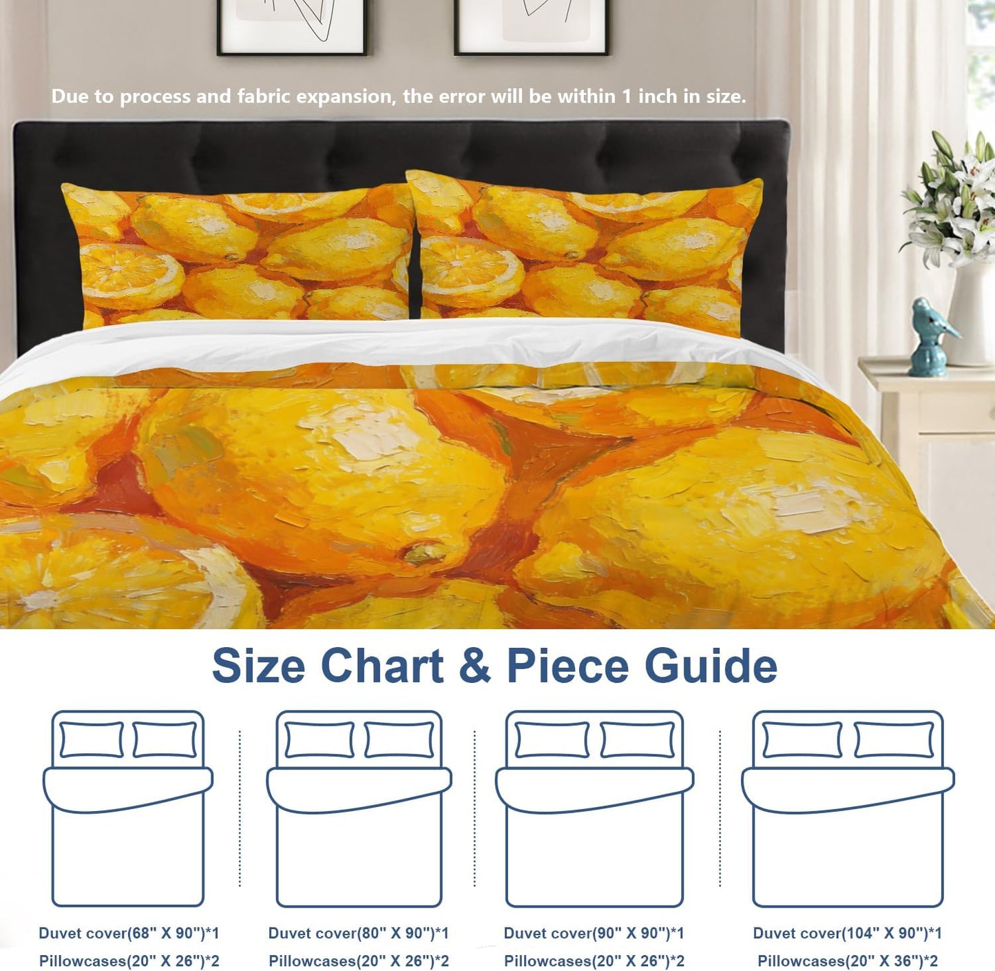 Lemons Citrus Fruit Twin Size 100% Cotton Duvet Cover Sets, Vibrant Lemon Oil Painting Bedding Set with Zipper Closure Corner Ties, 3 Pieces (1 Cover + 2 Pillowcases No Comforter)