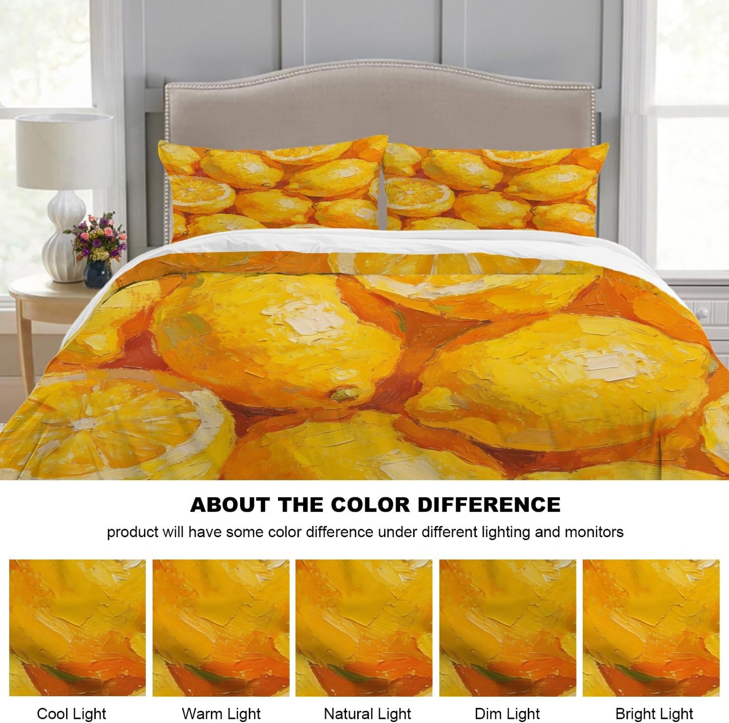 Lemons Citrus Fruit Twin Size 100% Cotton Duvet Cover Sets, Vibrant Lemon Oil Painting Bedding Set with Zipper Closure Corner Ties, 3 Pieces (1 Cover + 2 Pillowcases No Comforter)
