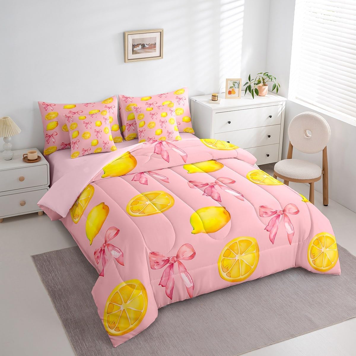 Pink Bow Kids Comforter Set with Sheets,Boys Girls Twin Size,Large Lemon 7 Piece Bedding Set,Cute Coquette Bow Knot Ultra Soft Bed in a Bag,Lemon Pattern All Season Bedroom Decor,Pink Yellow