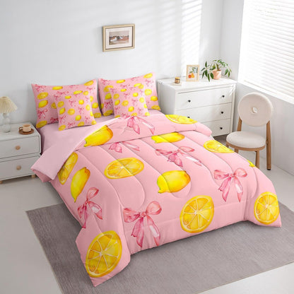 Pink Bow Kids Comforter Set with Sheets,Boys Girls Twin Size,Large Lemon 7 Piece Bedding Set,Cute Coquette Bow Knot Ultra Soft Bed in a Bag,Lemon Pattern All Season Bedroom Decor,Pink Yellow