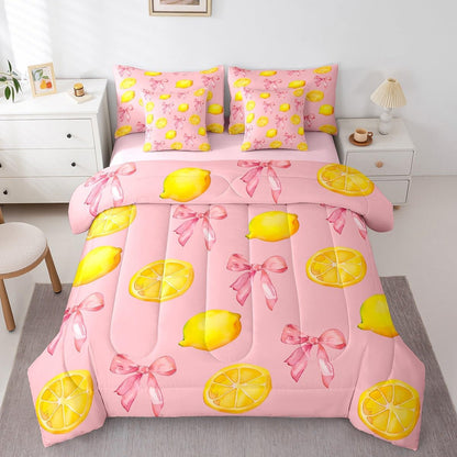 Pink Bow Kids Comforter Set with Sheets,Boys Girls Twin Size,Large Lemon 7 Piece Bedding Set,Cute Coquette Bow Knot Ultra Soft Bed in a Bag,Lemon Pattern All Season Bedroom Decor,Pink Yellow