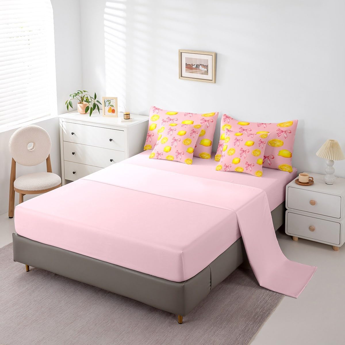 Pink Bow Kids Comforter Set with Sheets,Boys Girls Twin Size,Large Lemon 7 Piece Bedding Set,Cute Coquette Bow Knot Ultra Soft Bed in a Bag,Lemon Pattern All Season Bedroom Decor,Pink Yellow