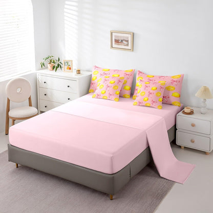 Pink Bow Kids Comforter Set with Sheets,Boys Girls Twin Size,Large Lemon 7 Piece Bedding Set,Cute Coquette Bow Knot Ultra Soft Bed in a Bag,Lemon Pattern All Season Bedroom Decor,Pink Yellow