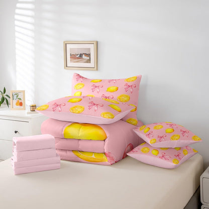 Pink Bow Kids Comforter Set with Sheets,Boys Girls Twin Size,Large Lemon 7 Piece Bedding Set,Cute Coquette Bow Knot Ultra Soft Bed in a Bag,Lemon Pattern All Season Bedroom Decor,Pink Yellow