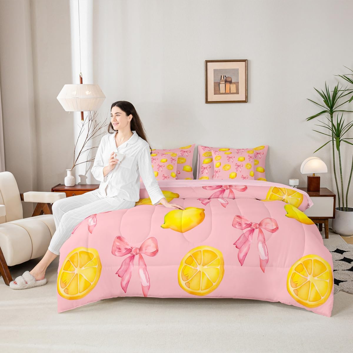 Pink Bow Kids Comforter Set with Sheets,Boys Girls Twin Size,Large Lemon 7 Piece Bedding Set,Cute Coquette Bow Knot Ultra Soft Bed in a Bag,Lemon Pattern All Season Bedroom Decor,Pink Yellow