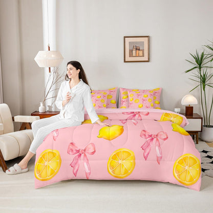 Pink Bow Kids Comforter Set with Sheets,Boys Girls Twin Size,Large Lemon 7 Piece Bedding Set,Cute Coquette Bow Knot Ultra Soft Bed in a Bag,Lemon Pattern All Season Bedroom Decor,Pink Yellow