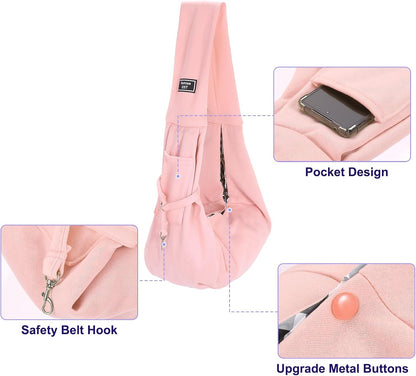 Pet Sling Carrier for Small Dogs and Cats Up to 16.5 Lbs, Hand-Free Reversible Dog Sling Carrier with Pocket, (Yellow, 1 Pcs) Intended for Hiking/Camping/Traveling