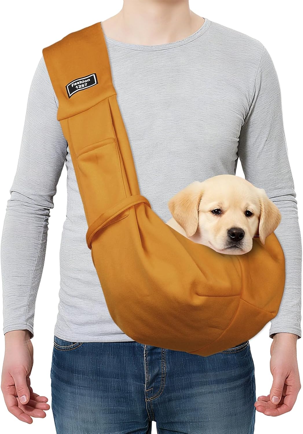 Pet Sling Carrier for Small Dogs and Cats Up to 16.5 Lbs, Hand-Free Reversible Dog Sling Carrier with Pocket, (Yellow, 1 Pcs) Intended for Hiking/Camping/Traveling