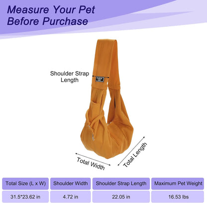 Pet Sling Carrier for Small Dogs and Cats Up to 16.5 Lbs, Hand-Free Reversible Dog Sling Carrier with Pocket, (Yellow, 1 Pcs) Intended for Hiking/Camping/Traveling