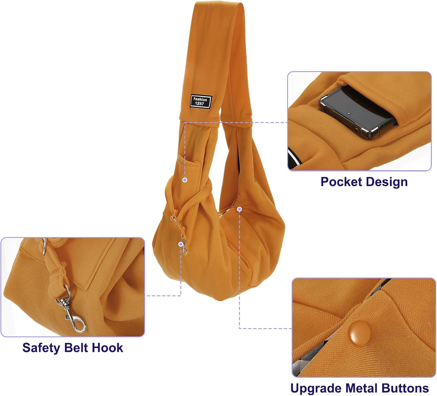 Pet Sling Carrier for Small Dogs and Cats Up to 16.5 Lbs, Hand-Free Reversible Dog Sling Carrier with Pocket, (Yellow, 1 Pcs) Intended for Hiking/Camping/Traveling