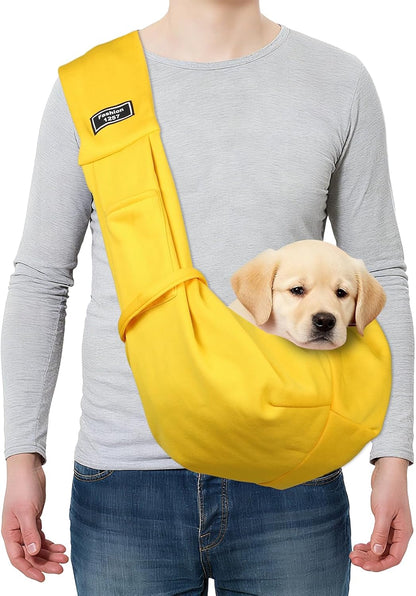 Pet Sling Carrier for Small Dogs and Cats Up to 16.5 Lbs, Hand-Free Reversible Dog Sling Carrier with Pocket, (Yellow, 1 Pcs) Intended for Hiking/Camping/Traveling