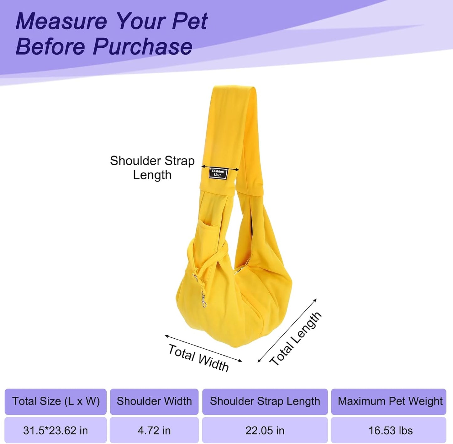 Pet Sling Carrier for Small Dogs and Cats Up to 16.5 Lbs, Hand-Free Reversible Dog Sling Carrier with Pocket, (Yellow, 1 Pcs) Intended for Hiking/Camping/Traveling