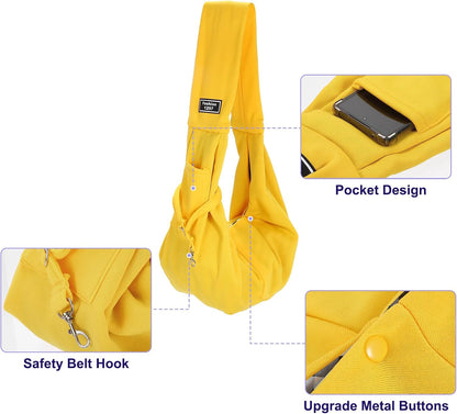 Pet Sling Carrier for Small Dogs and Cats Up to 16.5 Lbs, Hand-Free Reversible Dog Sling Carrier with Pocket, (Yellow, 1 Pcs) Intended for Hiking/Camping/Traveling