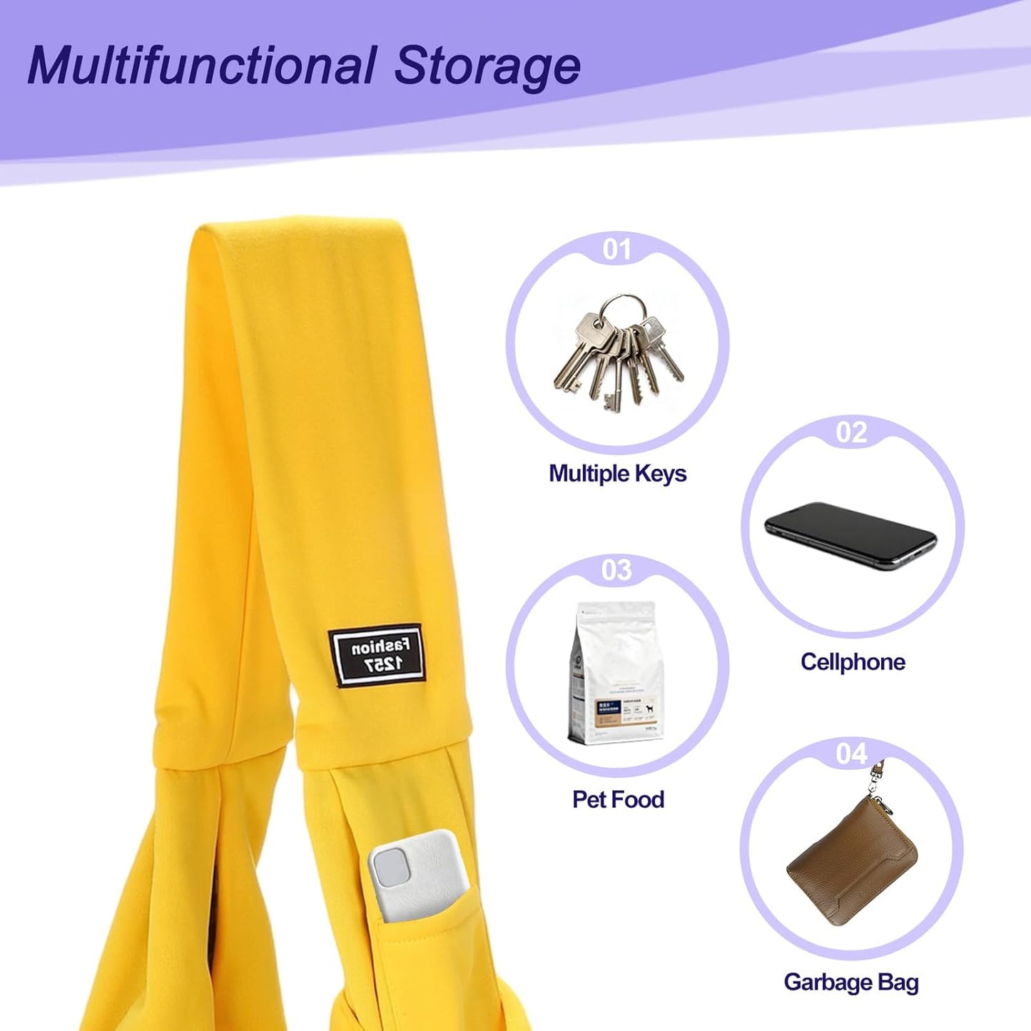 Pet Sling Carrier for Small Dogs and Cats Up to 16.5 Lbs, Hand-Free Reversible Dog Sling Carrier with Pocket, (Yellow, 1 Pcs) Intended for Hiking/Camping/Traveling