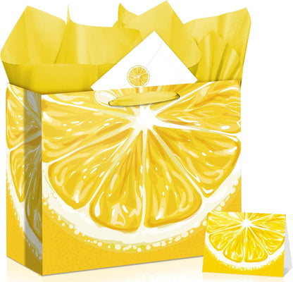 Lemon Gift Bag Set Citrus Summer Fruit Themed All-in-One Gift Wrapping Kit with Greeting Card, Sticker, Envelope and Tissue Paper for Lemon Lovers, Summer Birthday, Bridal Shower Party Favors Decor