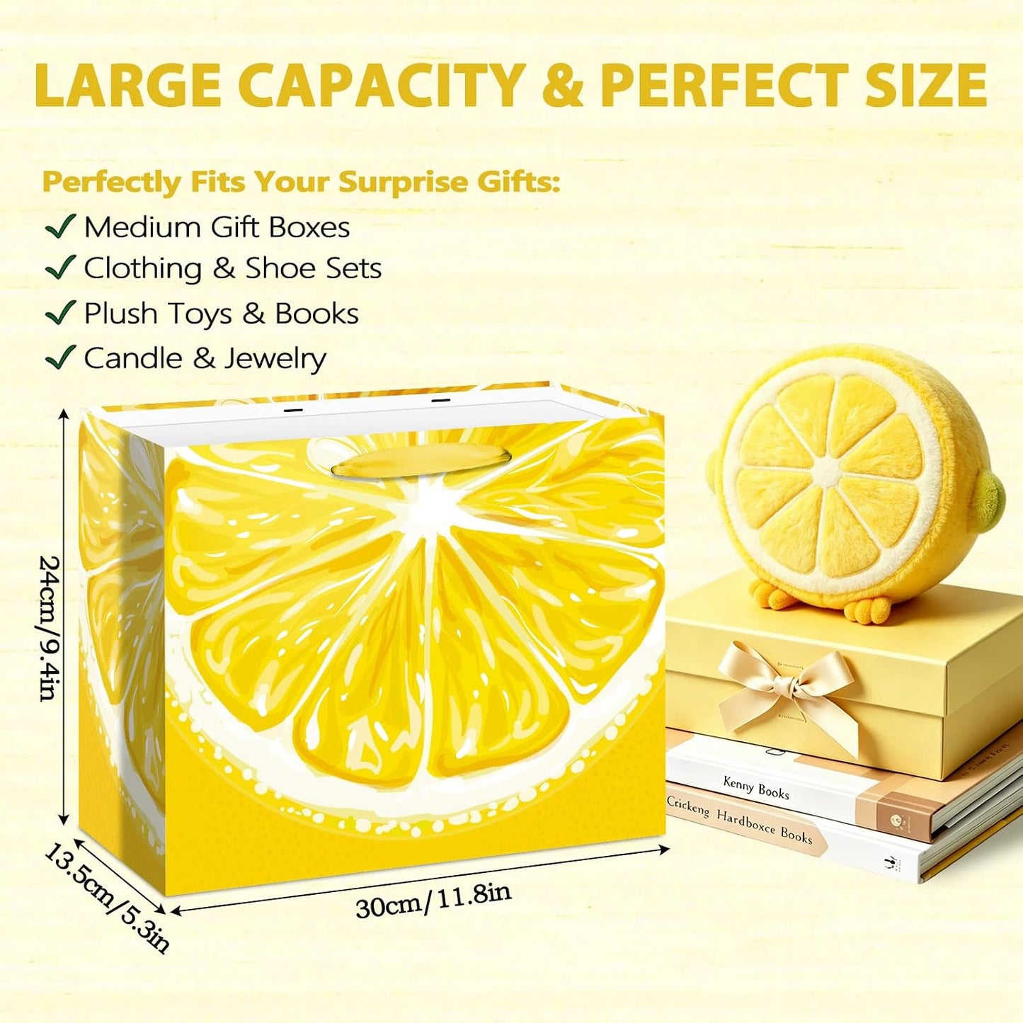Lemon Gift Bag Set Citrus Summer Fruit Themed All-in-One Gift Wrapping Kit with Greeting Card, Sticker, Envelope and Tissue Paper for Lemon Lovers, Summer Birthday, Bridal Shower Party Favors Decor