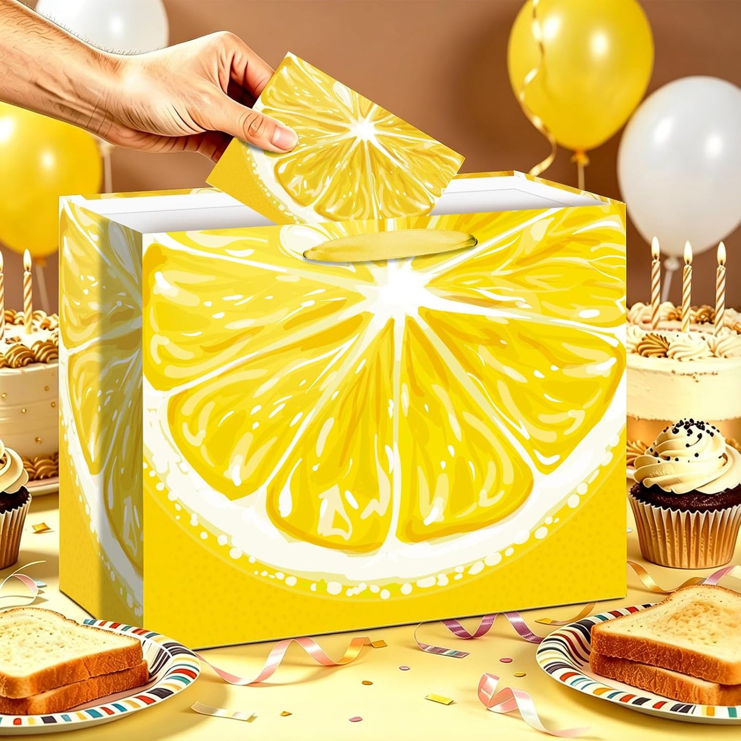 Lemon Gift Bag Set Citrus Summer Fruit Themed All-in-One Gift Wrapping Kit with Greeting Card, Sticker, Envelope and Tissue Paper for Lemon Lovers, Summer Birthday, Bridal Shower Party Favors Decor