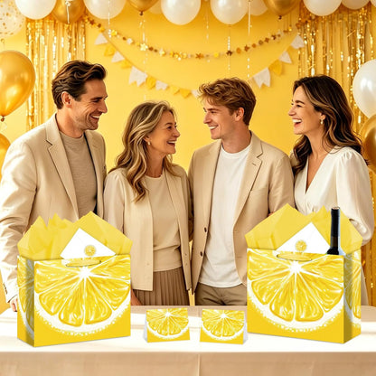 Lemon Gift Bag Set Citrus Summer Fruit Themed All-in-One Gift Wrapping Kit with Greeting Card, Sticker, Envelope and Tissue Paper for Lemon Lovers, Summer Birthday, Bridal Shower Party Favors Decor