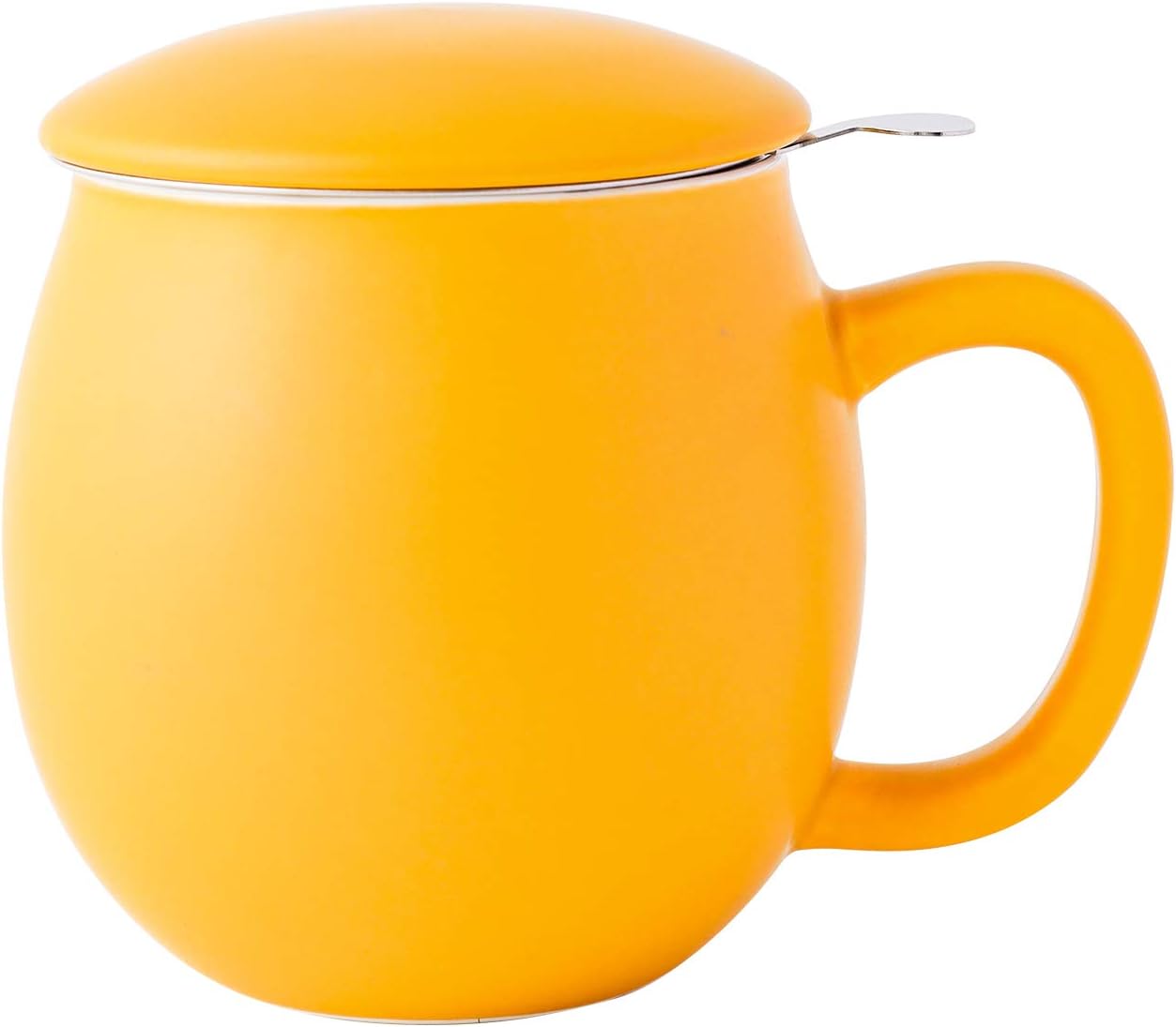 Yundu 12 OZ Matte Yellow Ceramics Teacup with Infuser and Lid, Mug with Lid for Steeping - Stainless Steel Infuser for Loose Leaf Tea, Home Office Gift for Tea Lovers