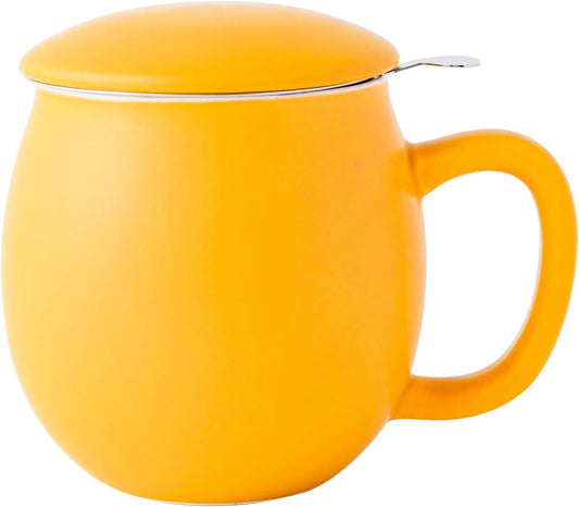 Yundu 12 OZ Matte Yellow Ceramics Teacup with Infuser and Lid, Mug with Lid for Steeping - Stainless Steel Infuser for Loose Leaf Tea, Home Office Gift for Tea Lovers