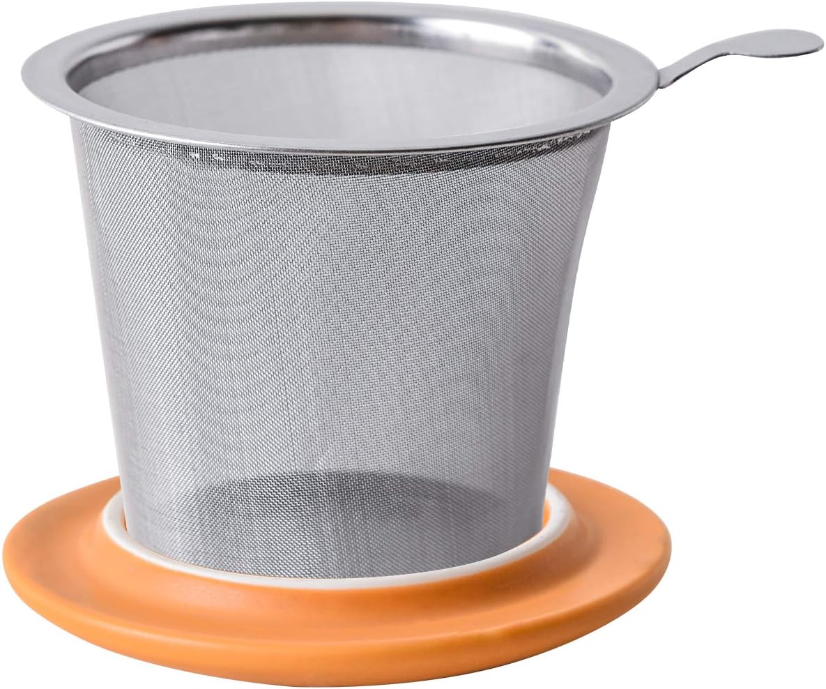 Yundu 12 OZ Matte Yellow Ceramics Teacup with Infuser and Lid, Mug with Lid for Steeping - Stainless Steel Infuser for Loose Leaf Tea, Home Office Gift for Tea Lovers