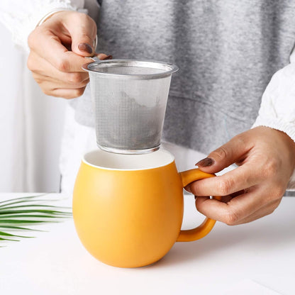 Yundu 12 OZ Matte Yellow Ceramics Teacup with Infuser and Lid, Mug with Lid for Steeping - Stainless Steel Infuser for Loose Leaf Tea, Home Office Gift for Tea Lovers