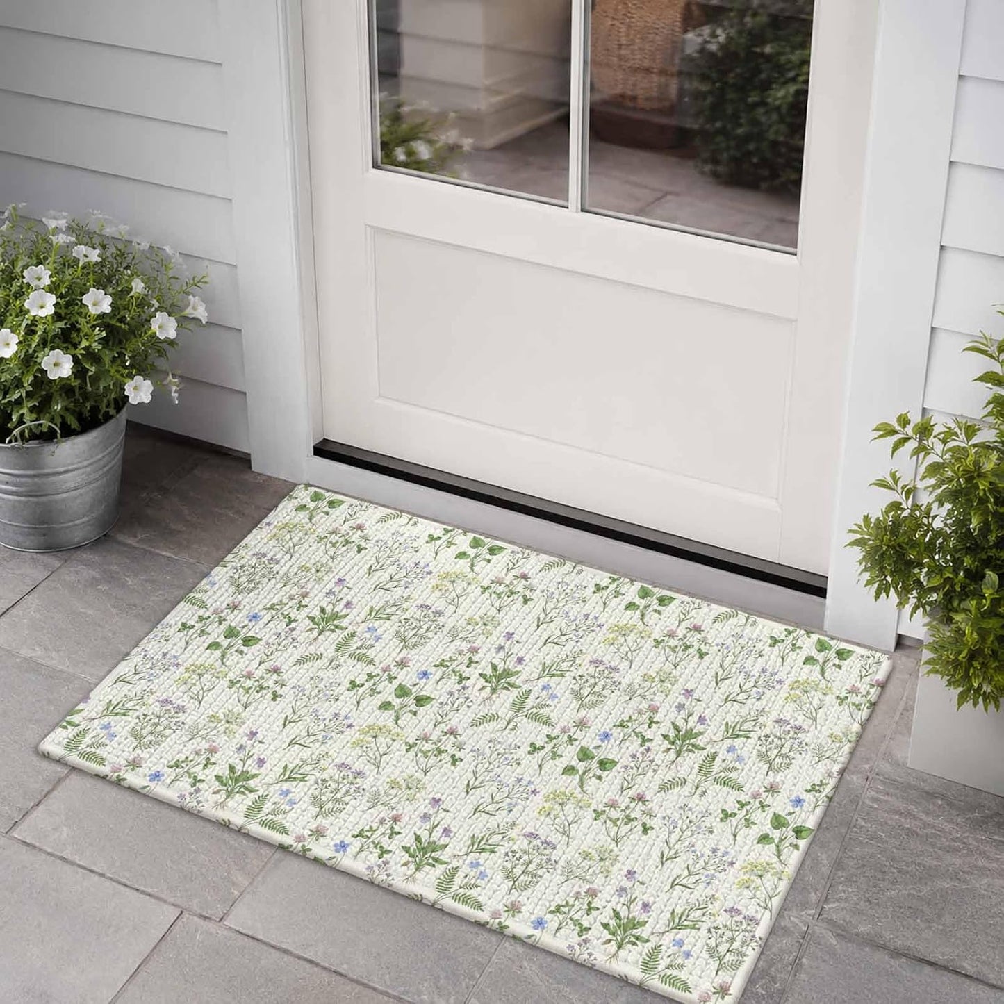 Front Door Mat Indoor Outdoor Country Seamless Floral Leaves Non-Slip Doormat Low Profile Patio Porch Entryway Rug 16x24in Summer Plant on Light Yellow