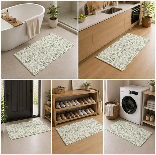 Front Door Mat Indoor Outdoor Country Seamless Floral Leaves Non-Slip Doormat Low Profile Patio Porch Entryway Rug 16x24in Summer Plant on Light Yellow