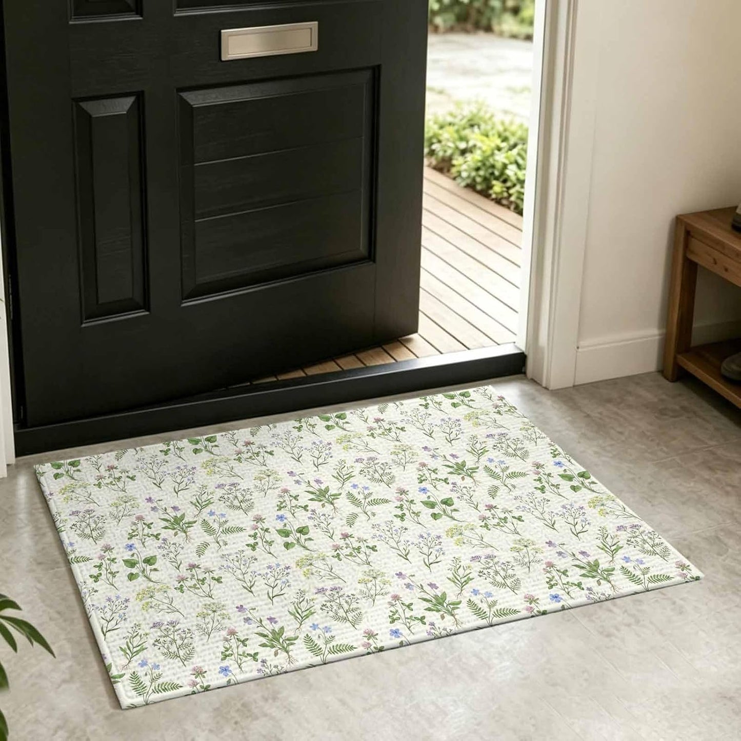 Front Door Mat Indoor Outdoor Country Seamless Floral Leaves Non-Slip Doormat Low Profile Patio Porch Entryway Rug 16x24in Summer Plant on Light Yellow