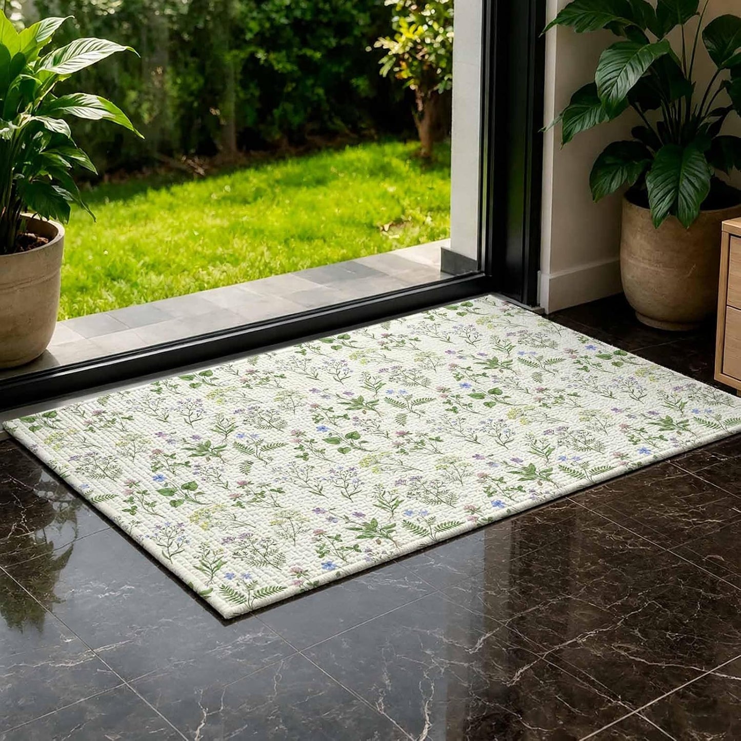 Front Door Mat Indoor Outdoor Country Seamless Floral Leaves Non-Slip Doormat Low Profile Patio Porch Entryway Rug 16x24in Summer Plant on Light Yellow