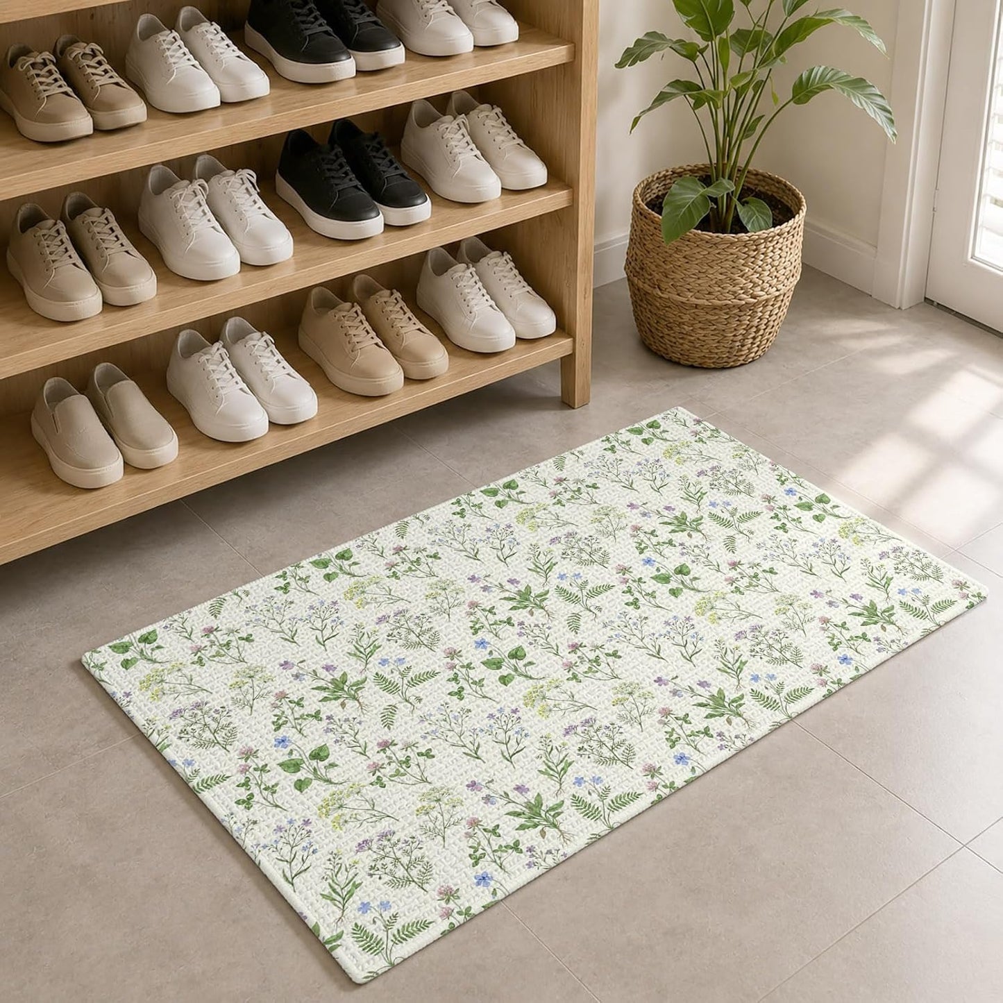 Front Door Mat Indoor Outdoor Country Seamless Floral Leaves Non-Slip Doormat Low Profile Patio Porch Entryway Rug 16x24in Summer Plant on Light Yellow