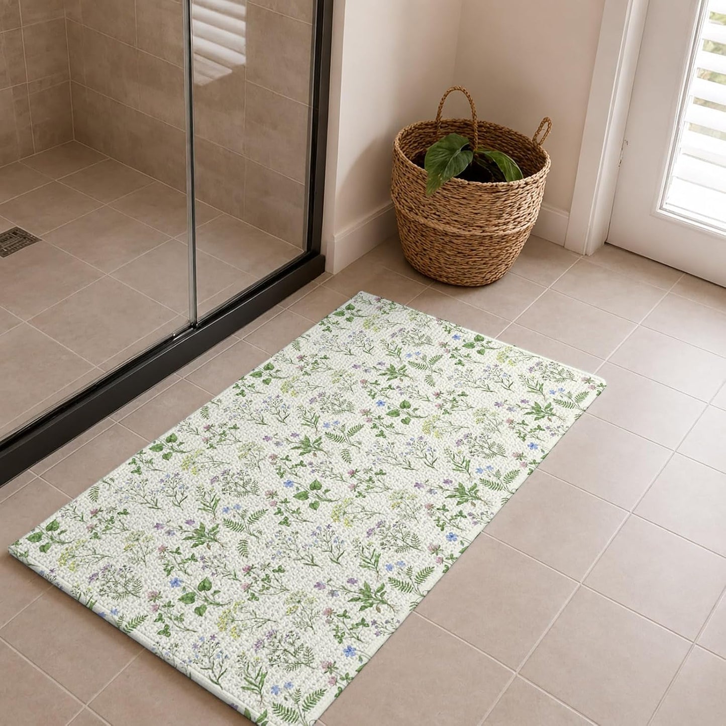 Front Door Mat Indoor Outdoor Country Seamless Floral Leaves Non-Slip Doormat Low Profile Patio Porch Entryway Rug 16x24in Summer Plant on Light Yellow