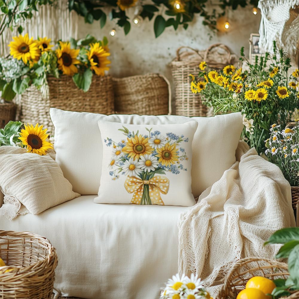 Summer Pillow Cover 18x18 Inch Sunflower Daisy Decor Floral Farmhouse Seasonal Pillow Case Decorations for Home Sofa Couch