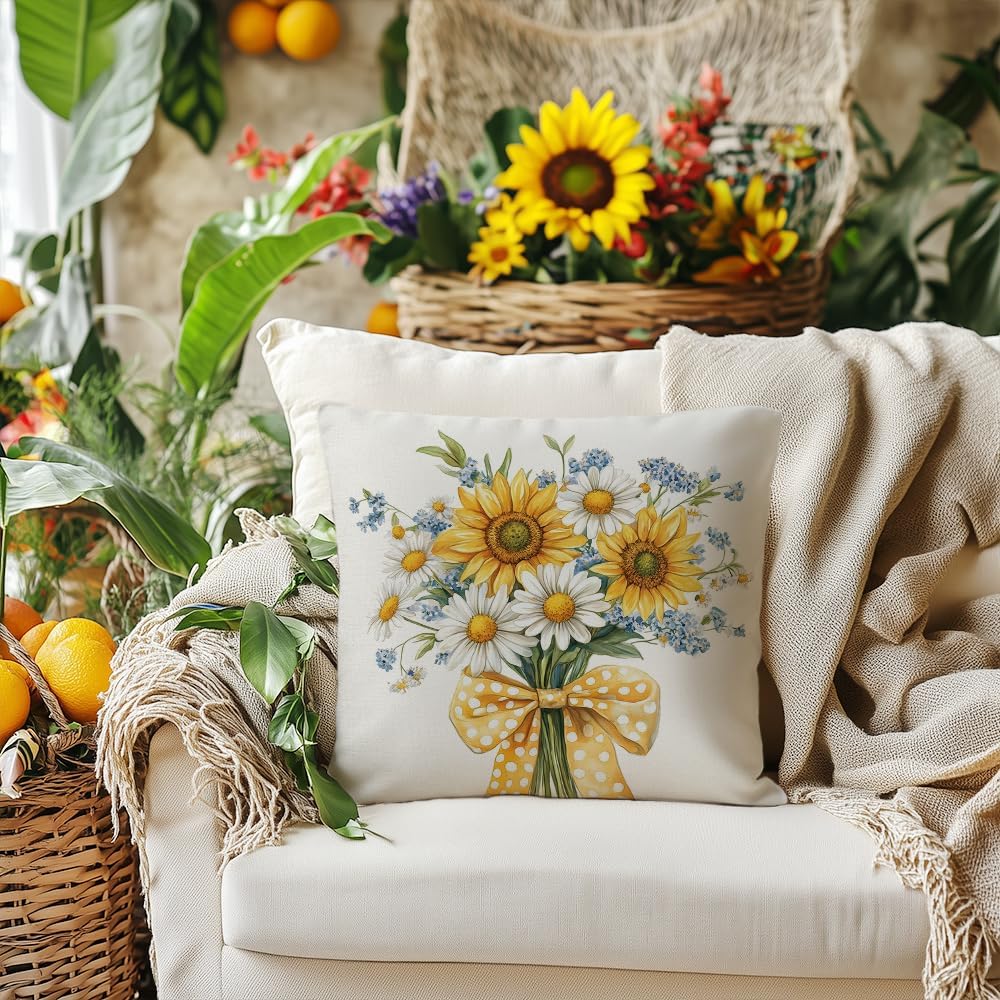 Summer Pillow Cover 18x18 Inch Sunflower Daisy Decor Floral Farmhouse Seasonal Pillow Case Decorations for Home Sofa Couch