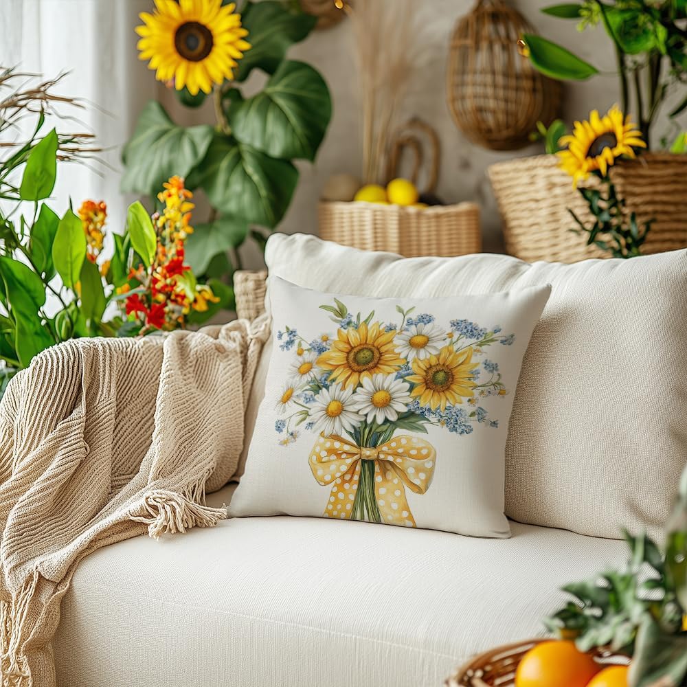 Summer Pillow Cover 18x18 Inch Sunflower Daisy Decor Floral Farmhouse Seasonal Pillow Case Decorations for Home Sofa Couch
