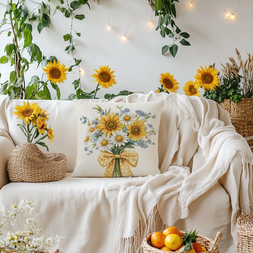 Summer Pillow Cover 18x18 Inch Sunflower Daisy Decor Floral Farmhouse Seasonal Pillow Case Decorations for Home Sofa Couch