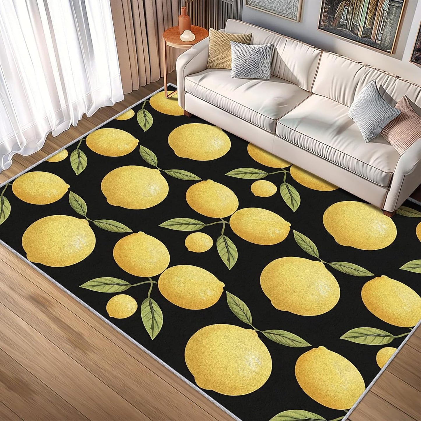 Lemon Throw Rug 2x3, Washable Summer Tropical Fruit Rugs for Entryway Bedroom Kitchen, Green Yellow Black Area Rug for Home Decor, Non Slip Backing Indoor Floor Mat Carpet - 2 x 3 ft