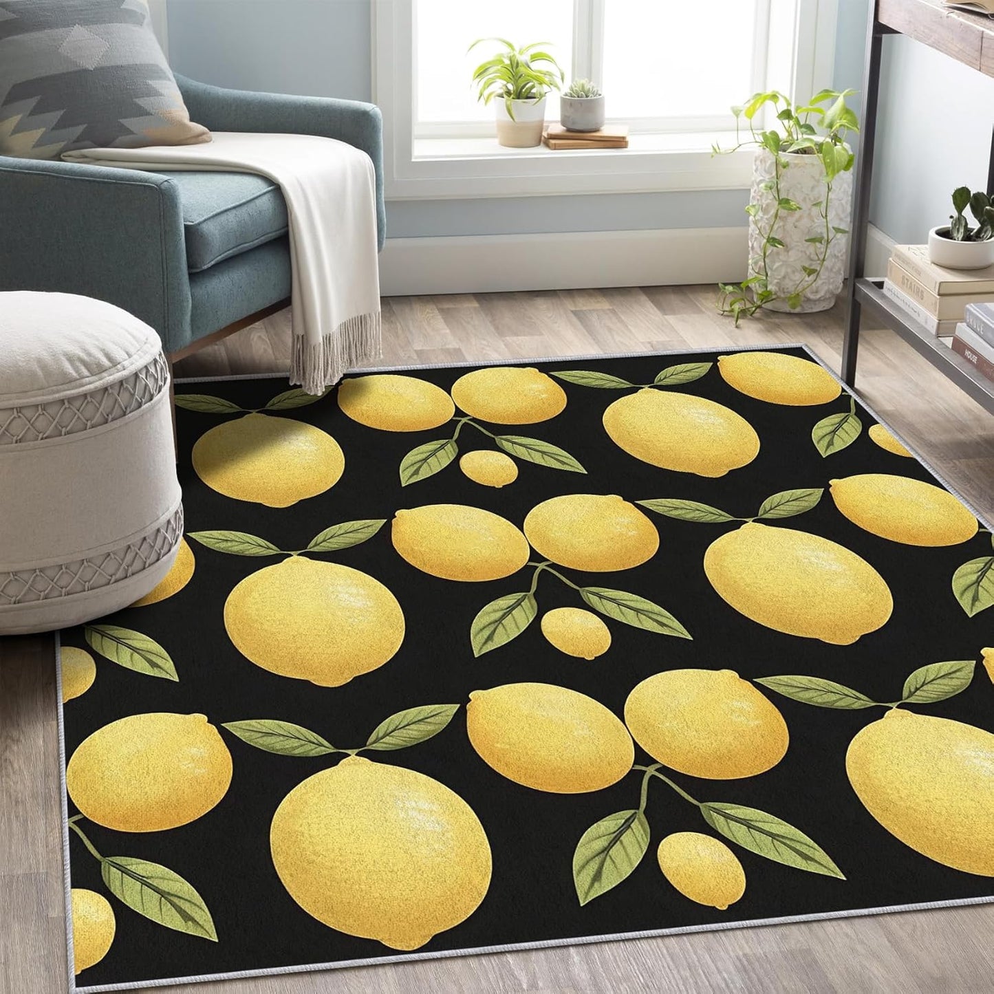 Lemon Throw Rug 2x3, Washable Summer Tropical Fruit Rugs for Entryway Bedroom Kitchen, Green Yellow Black Area Rug for Home Decor, Non Slip Backing Indoor Floor Mat Carpet - 2 x 3 ft