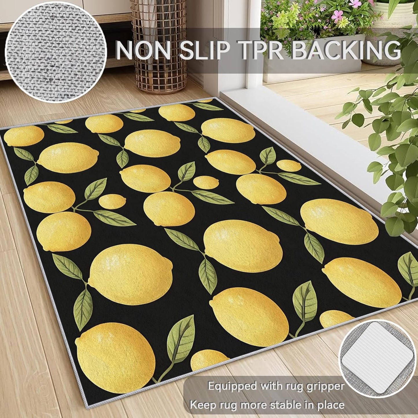 Lemon Throw Rug 2x3, Washable Summer Tropical Fruit Rugs for Entryway Bedroom Kitchen, Green Yellow Black Area Rug for Home Decor, Non Slip Backing Indoor Floor Mat Carpet - 2 x 3 ft