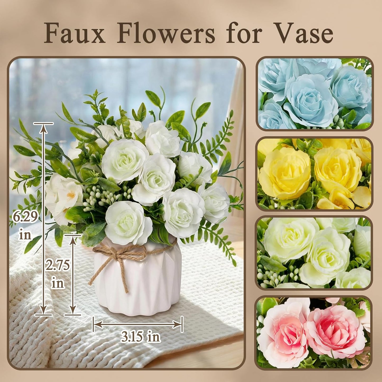 Faux Flowers with Vase, Yellow Artificial Silk Rose in Vase | Silk Rose Artificial Flowers with Vase for Coffee Table Decor,Living Room Bathroom Plant Decor, Centerpiece Table Decorations