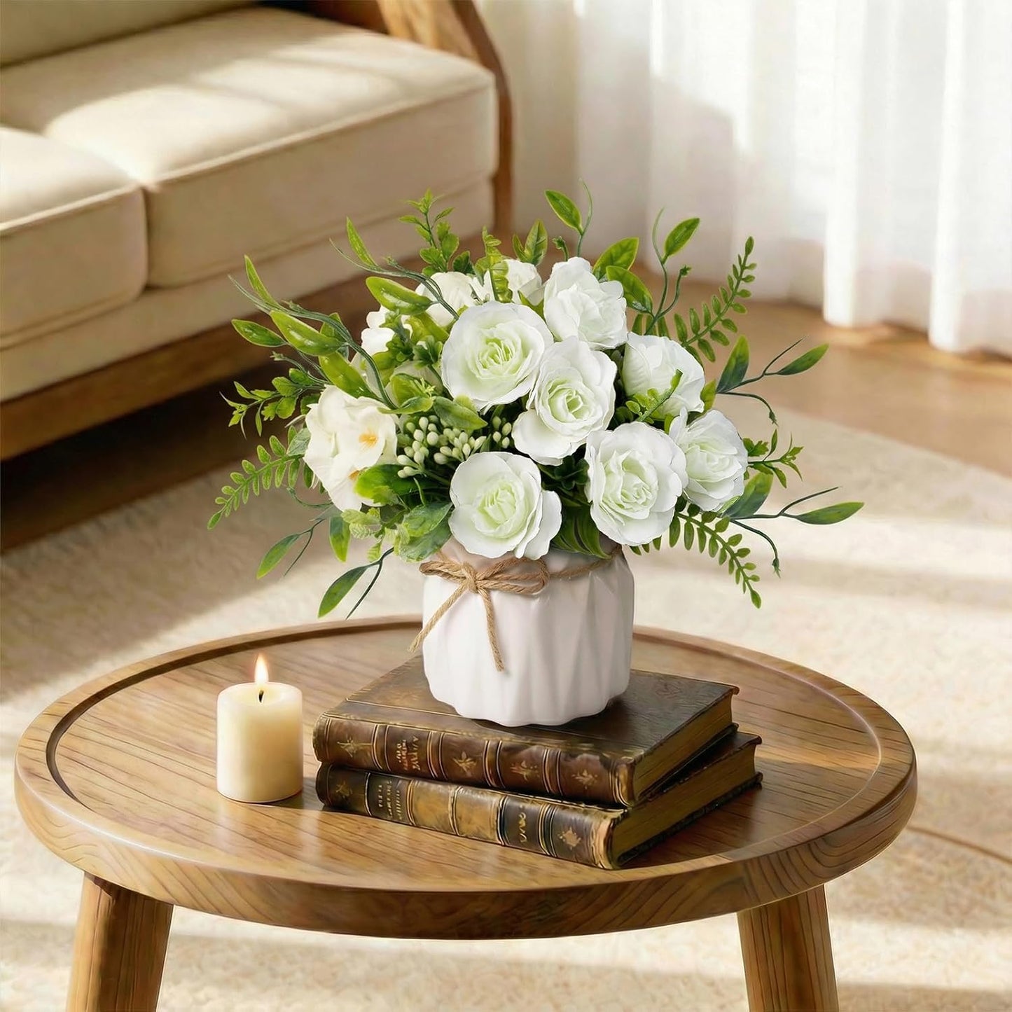 Faux Flowers with Vase, Yellow Artificial Silk Rose in Vase | Silk Rose Artificial Flowers with Vase for Coffee Table Decor,Living Room Bathroom Plant Decor, Centerpiece Table Decorations