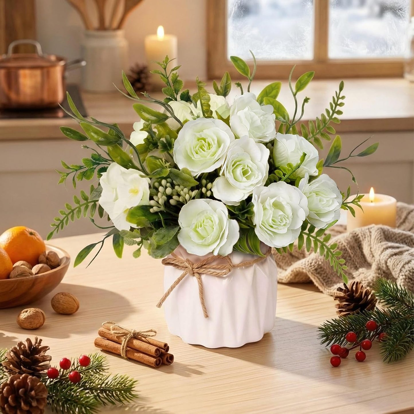 Faux Flowers with Vase, Yellow Artificial Silk Rose in Vase | Silk Rose Artificial Flowers with Vase for Coffee Table Decor,Living Room Bathroom Plant Decor, Centerpiece Table Decorations