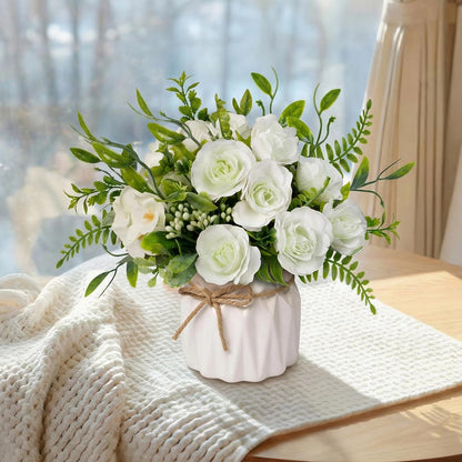 Faux Flowers with Vase, Yellow Artificial Silk Rose in Vase | Silk Rose Artificial Flowers with Vase for Coffee Table Decor,Living Room Bathroom Plant Decor, Centerpiece Table Decorations