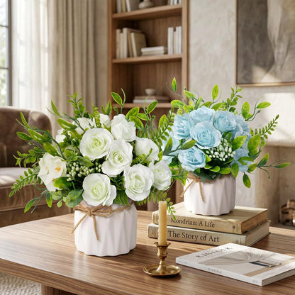 Faux Flowers with Vase, Yellow Artificial Silk Rose in Vase | Silk Rose Artificial Flowers with Vase for Coffee Table Decor,Living Room Bathroom Plant Decor, Centerpiece Table Decorations