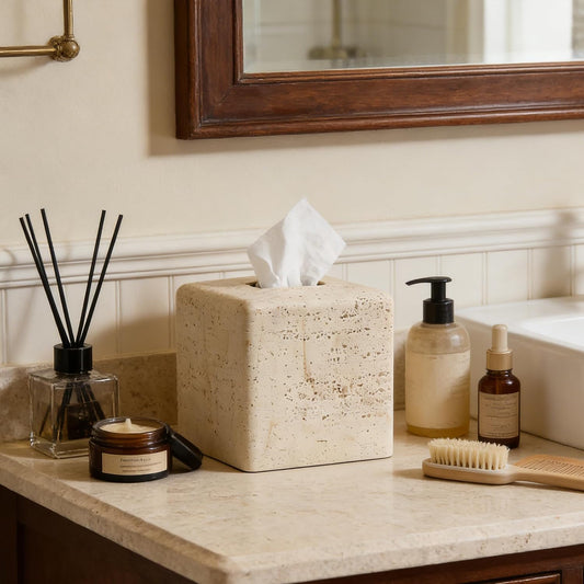 Natural Travertine Textures Tissue Box Cover Square for Home Decor,Resin Heavy Tissue Box Holder for Bathroom Countertop,Tabletop,Bedside Table,Office (Handmade of Resin)