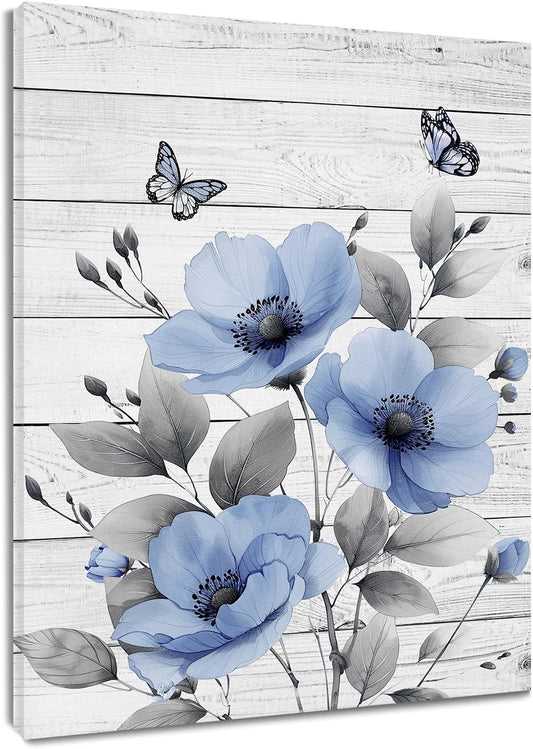 Rustic Yellow Floral Wall Art for Bathroom, Yellow and Gray Flower Butterfly on Rustic Wood Canvas Wall Art Country Wildflower pictures for Living Room Bedroom Wall Decor,16L X 12W inches